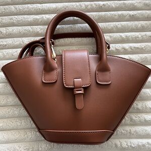 Commense Brown Satchel with Geometric Design and Double Handles